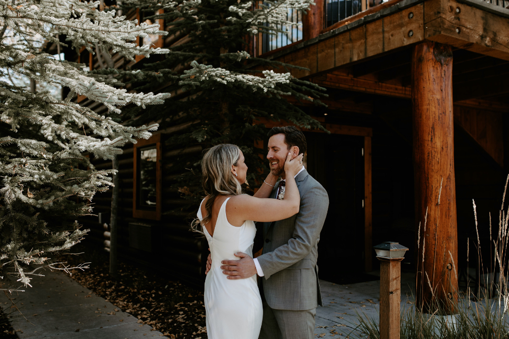 Rustic Inn Wyoming Wedding First Look with Bride and Groom