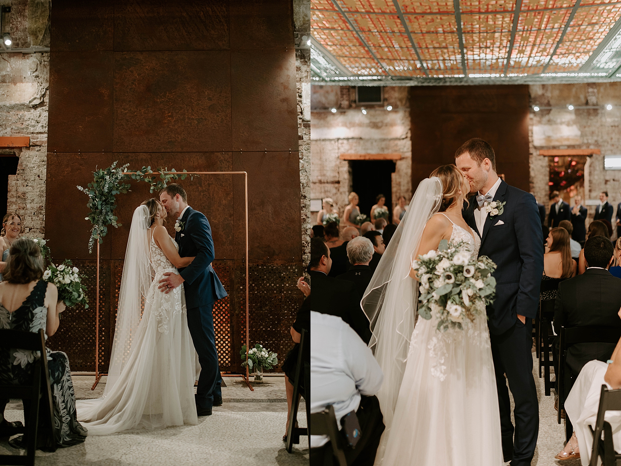 modern industrial wedding venues in Pittsburgh, first kiss photos
