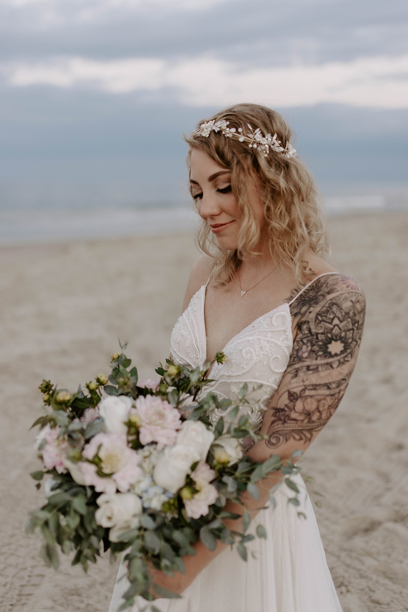 bridal portraits, outer banks wedding, oceanfront VRBO, 4X4 beach