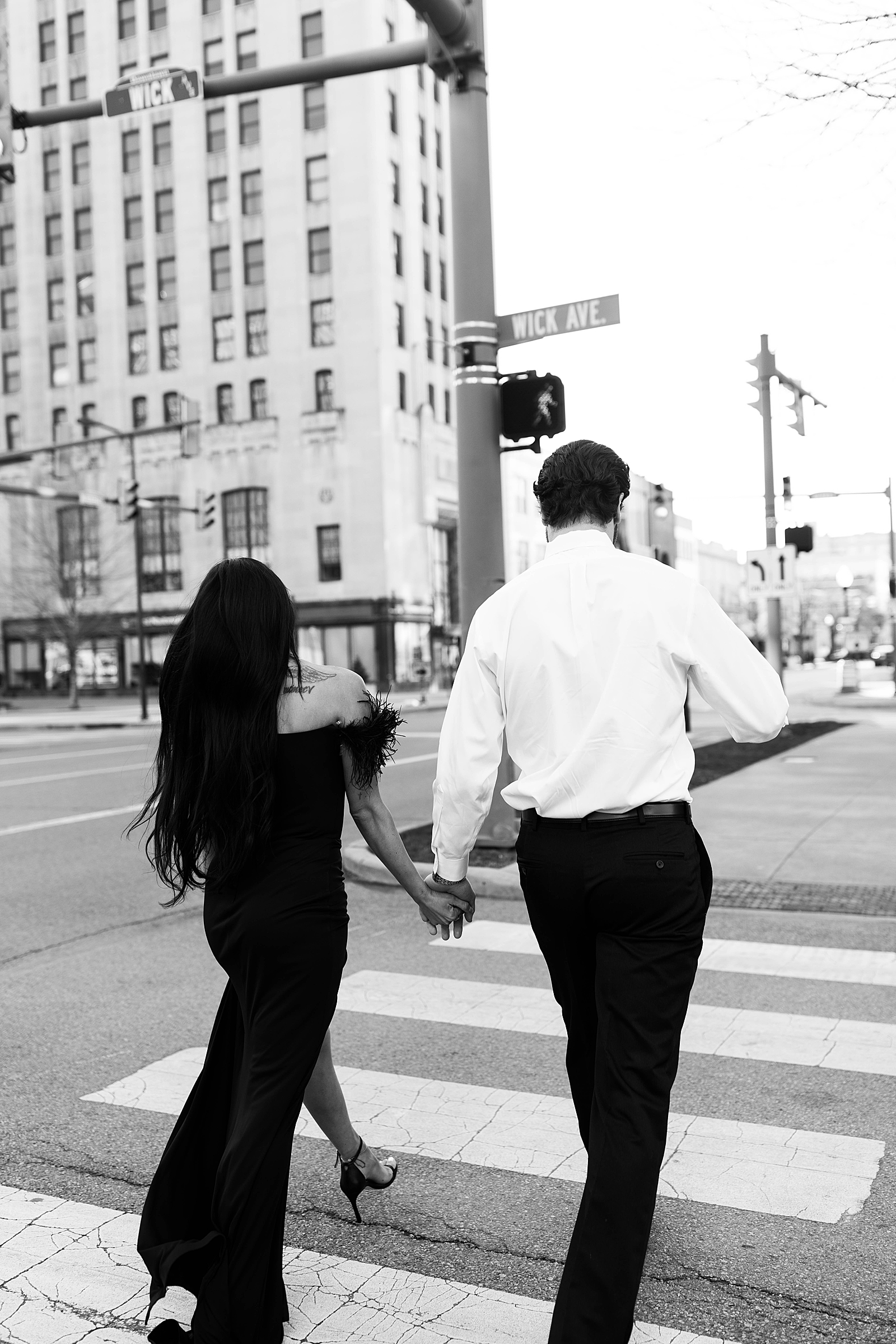 black and white photos; engagement session; downtown Youngstown engagement photos