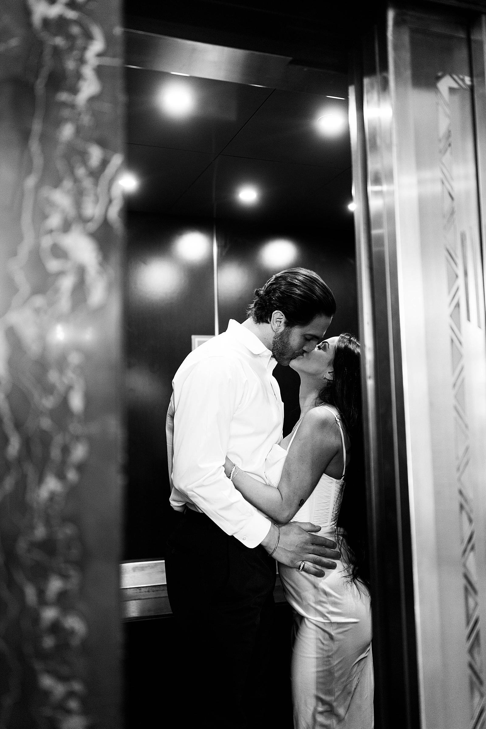 black and white photos for engagement session; hotel downtown Youngstown, OH